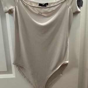 Forever 21 Cream Asymmetrical Bodysuit with Cap Sleeves